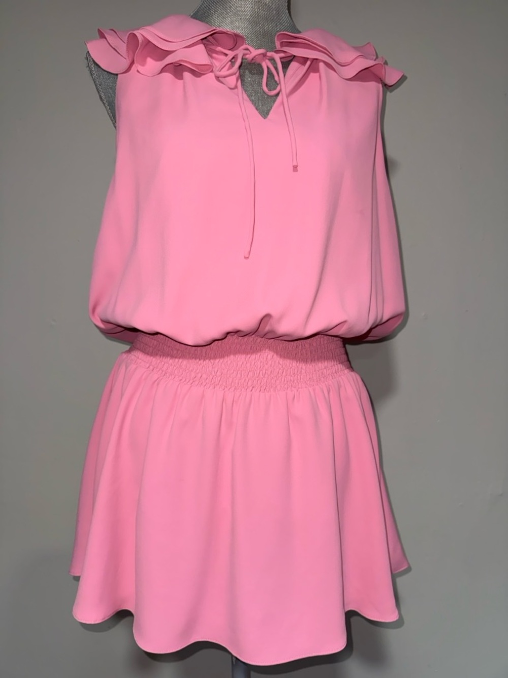 Amanda Uprichard Pink Ruffle-Neck Smocked Waist Skater Skirt